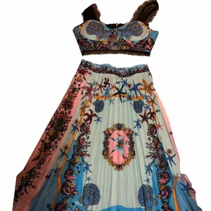 Womens Printed Pleated two piece ocean themed outfit- Blue & Pink thumbnail 1