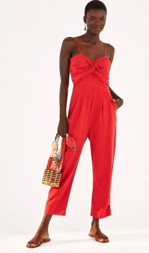 FARM Rio Red Linen Blend Bow Front Jumpsuit XS Boho Cottage Tropical Indie thumbnail 1