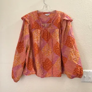 Boho hippie indie western Orange pink floral blouse with ruffled Long sleeves thumbnail 1