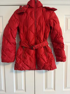 Burberry London Women’s XS Red Hooded Puffer Jacket Belted Double Zip thumbnail 2