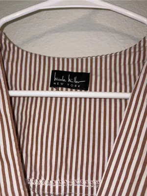 Nicole Miller Brown White Striped V-Neck Tiered Romper Dress Cap Sleeve Smocked thumbnail 5