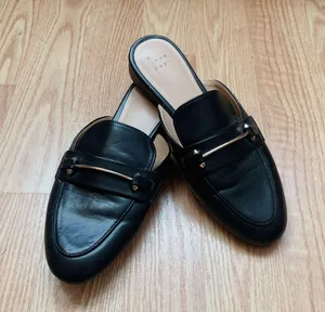 Women’s Black Slip On Mules Flats with Gold Buckle thumbnail 1
