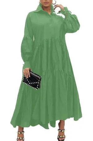 Women’s Lightweight Long Sleeve Loose Maxi Bohemian Ruffle Hem Dress Size M NEW thumbnail 1