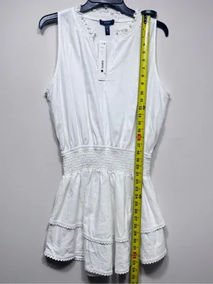 Aqua White Sleeveless Smocked Waist Linen Blend Mini Dress Size medium NWT thumbnail 4
