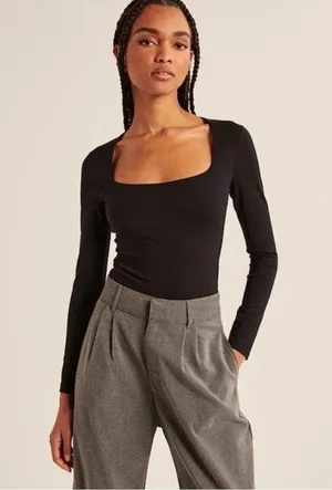 Abercrombie & Fitch Soft AF Long Sleeve Bodysuit XS Black Square Neck Thong thumbnail 1