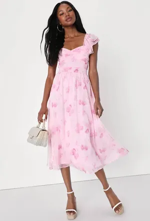 NWOT Lulus Loveliest Darling Light Pink Floral Ruffled Tie-Back Midi Dress. Size Medium thumbnail 4
