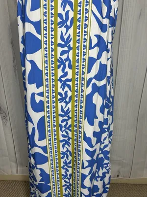 Vince Camuto Floral Border Print Smocked Back Maxi Dress Blue White Sz L Rayon thumbnail 3