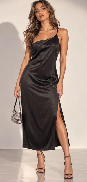 Y2K Black Satin One Shoulder Midi Dress Sz S Going Out Club 90s Sleek Wedding thumbnail 1