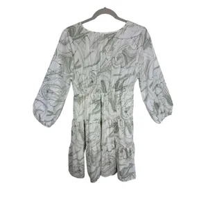 Entro NWT Sage Green Cream 3/4 Balloon Sleeve Tiered‎ Ruffled Above Knee Dress S thumbnail 2