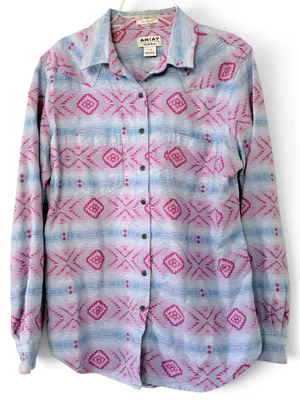 Ariat Light Blue & Pink Aztec Button-Front Shirt size L Western Serape Rodeo thumbnail 1
