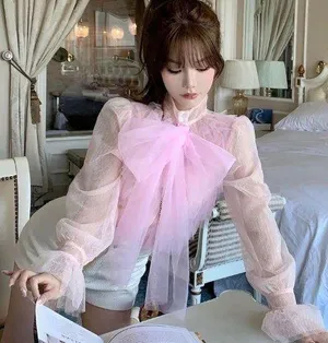 Japanese Kawaii Gyaru Luxury Balletcore Ruffle Chiffon Ribbon Bow Princess Shirt thumbnail 1