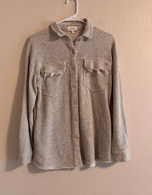 Bohme Casual Button-Down Shirt Jacket in Beige with Frayed Pocket Detail thumbnail 1