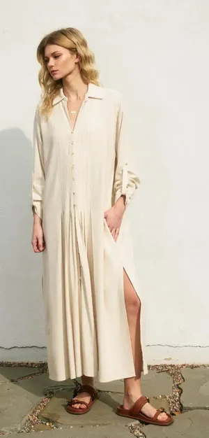 $139 Dress Forum Cotton Linen Pleated Longline Shirt Dress in oatmeal, NWT L thumbnail 1