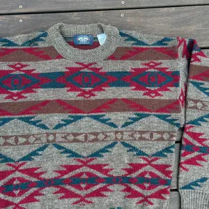 Tan/Red Vintage Pendleton Style Wool Sweater Knitwear Grandpa Sweater Made in England thumbnail 3