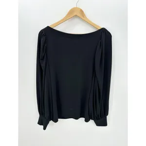 Ann Taylor Blouse Women Large Black Round Neck Puff Long Sleeve Stretch Career thumbnail 2