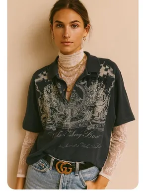 Y2K Nautica Tattoo Print 3D Distressed Oversized Short Sleeve Polo Shirt thumbnail 1