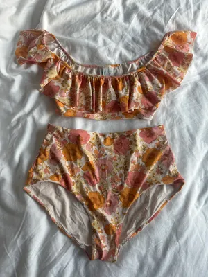 Orange And Pink Floral High Waisted Bikini Set thumbnail 2