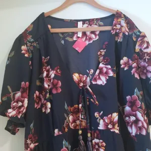 🆕 Xhilaration NEW L Dress Navy Blue Floral Babydoll Ruffle Peasant Sexy Date thumbnail 3