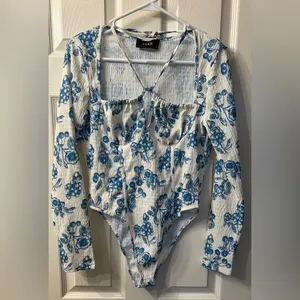 Floral Blue Halter V-wire Bodysuit size L thumbnail 1