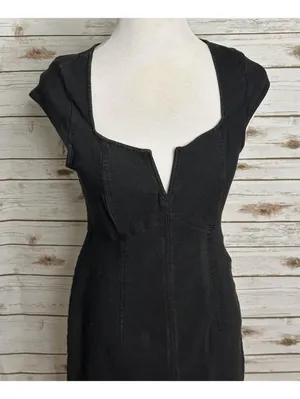 Free People black sheath dress Medium notch/split V neck bodycon minimalist LBD thumbnail 2