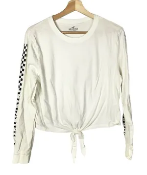 Hollister White Tie‎ Front Checker Sleeve Long Sleeve T-Shirt S thumbnail 1