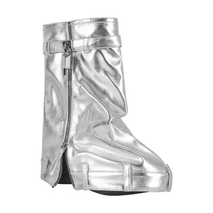 Women's Silver Metallic Leather Zip Fold Over Padlock Platform Mid Calf Boots 10 thumbnail 2