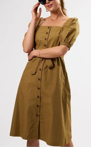 Amour Vert Square Neck Button Front Dress in Elm 100% Cotton thumbnail 1