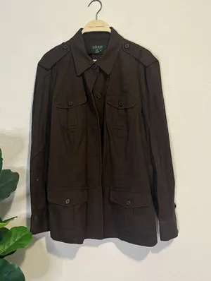 Lauren Ralph Lauren Dark Brown Military Field Jacket linen cotton 2X thumbnail 1