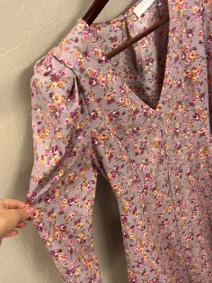 ASTR the Label Puff Sleeve V-Neck Back Cutout Midi Dress, purple peach floral XL thumbnail 15