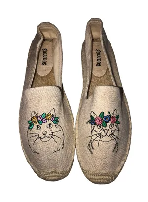 Soludos Spirit Animal Cat Smoking Espadrille Size 8.5 Beige Whimsy Boho Summer thumbnail 1
