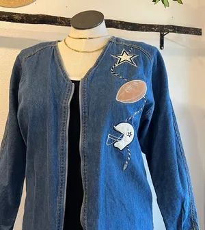 Vintage Denim Cotton Zip Up Sports Football Embroidered Jean Shirt Size Large thumbnail 1