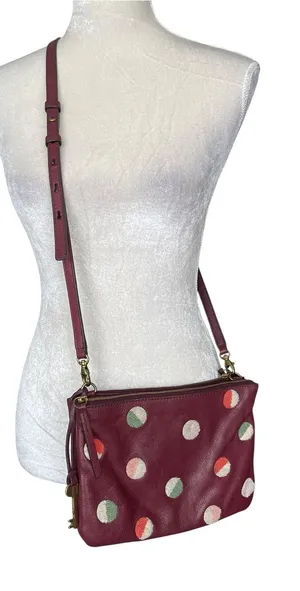 Fossil Devon Carbenet Wine Pebble Leather Dot Crossbody Shoulder Bag thumbnail 1