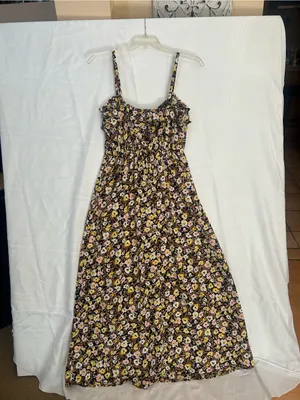 NWT Floral Ruffle-Trim Maxi Dress in Brown, Pink & Yellow, side slit, SZ Large. thumbnail 6