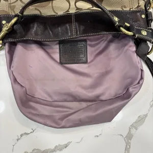 Coach Purse Zoe Signature Khaki Brown Canvas Hobo Shoulder Bag Y2K Leather Trim thumbnail 7