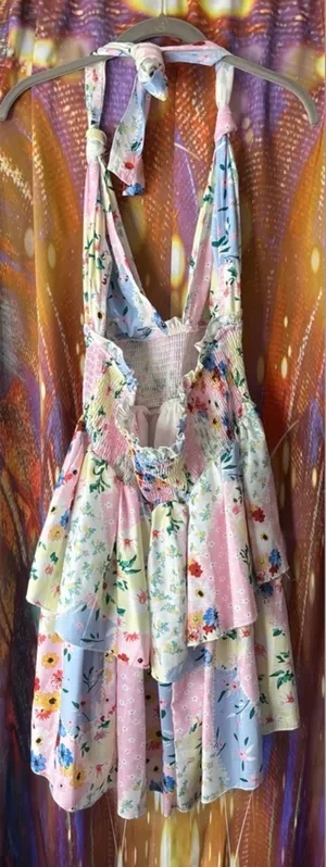 Pastel Patchwork Floral Halter Dress ✨ Multiple Size L thumbnail 2