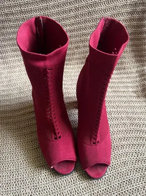 Hot Kiss Wine Red Knit Peep-Toe Sock Boots thumbnail 1