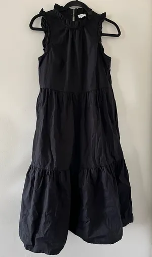 J Crew Black Cotton Poplin Tiered Midi Dress 2 Ruffle Neck Sleeveless Coastal thumbnail 1