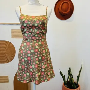 Verge Girl Green Hippie Retro Floral Silky Open Back Mini Dress NEW US Size 2 thumbnail 14
