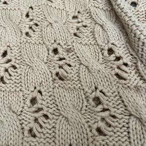 Womens Grannycore Cable Knit Fisherman Vneck Sweater Size 2 Chunky Tan button thumbnail 10