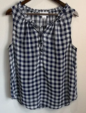 Liz Claiborne Navy White Gingham Sleeveless Top w Tank Size L thumbnail 1