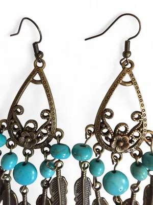 Handmade Bronze Teardrop Chandelier Earrings Turquoise & Feathers thumbnail 4