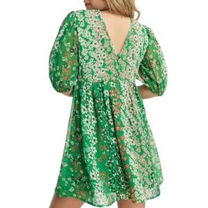 ASOS Wednesday's Girl puff sleeve mini smock dress in green patchwork thumbnail 2