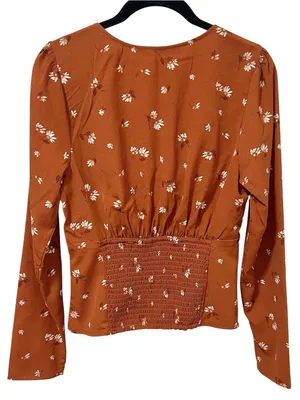 Abercrombie & Fitch Long-Sleeve Twist Front Floral Blouse M Rust Orange thumbnail 4