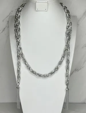 Textured Chain Link Tassel Open Wrap Necklace Silver Tone ✨ thumbnail 1