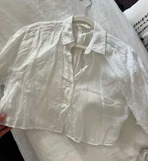 H&M cropped linen blouse button down thumbnail 1