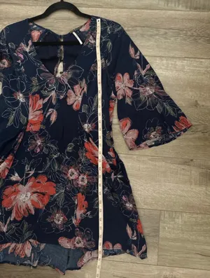 Free People Navy Floral Keyhole Blouse with Pink & Coral Accents thumbnail 6
