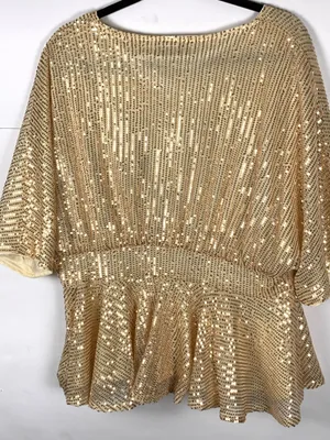 Grace Karin Womens Top 1XL Gold Sequin V Neck Batwing Peplum Party Blouse thumbnail 9