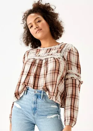 American Eagle Plaid Crochet Lace Ruffle Tie‎ Back Blouse Brown Cream Womens M thumbnail 1