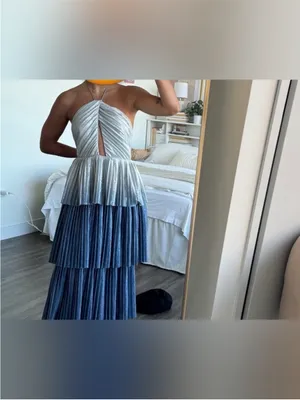 NEW Line & Dot Oracle Maxi Dress Denim Blue Halter Tiered Ruffle Formal Gown thumbnail 3