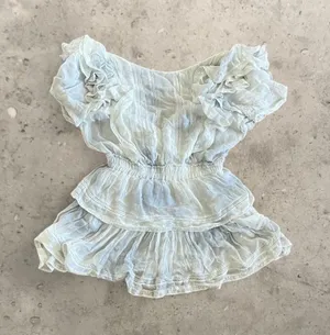 love shack fancy white & light blue flowy boho ruffly mini dress thumbnail 1